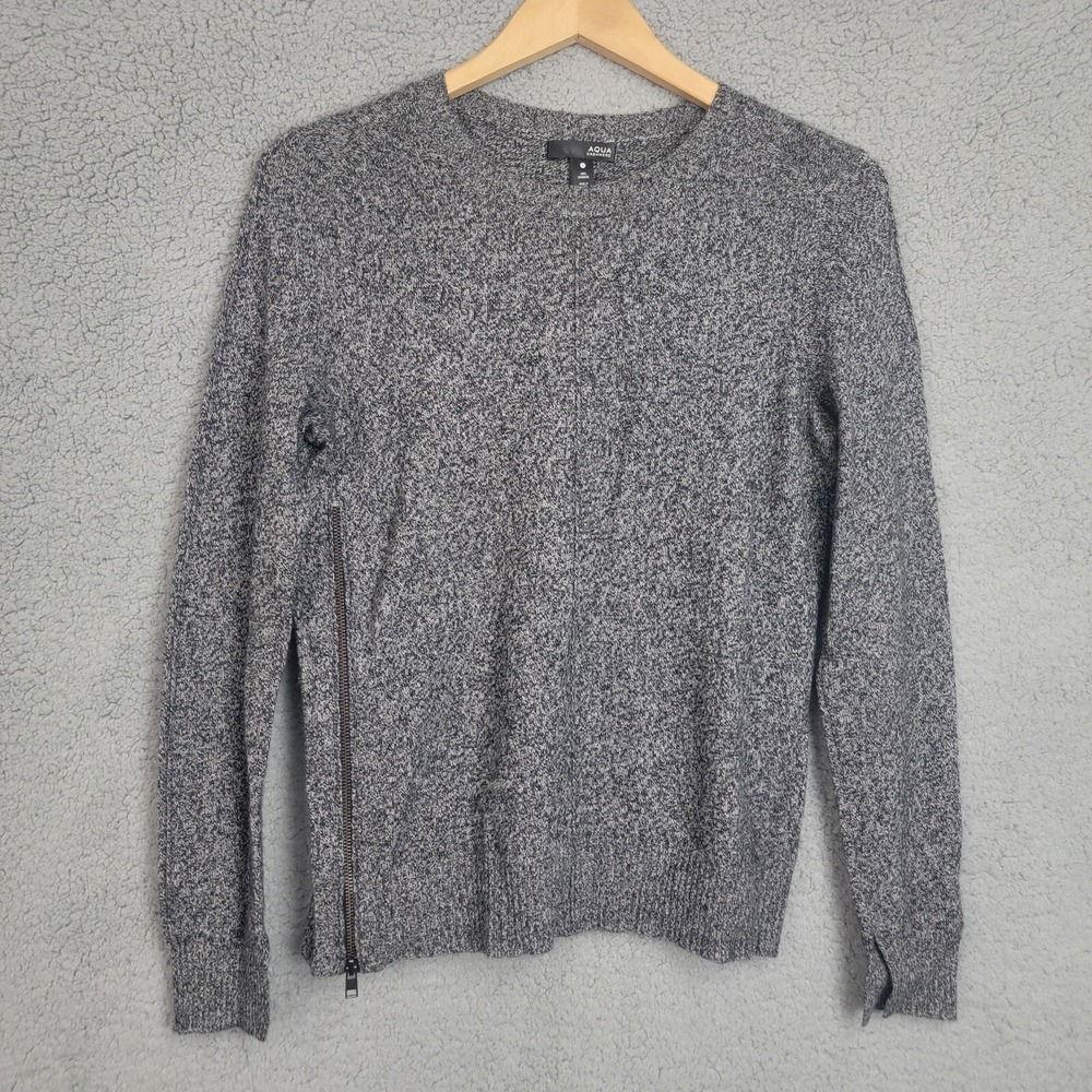 Aqua cashmere sweater size S Small side zipper Slit Sleeve‎ Gray 100% Cashmere